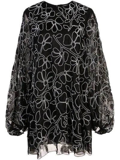 Carolina Herrera Floral-embroidered Silk Mini Dress In Black