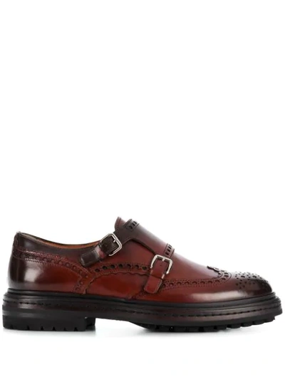 Santoni Brown Leather Monk Strap Shoes