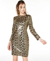 Aidan Mattox Leopard Sequin Long-sleeve Sheath Dress In Leopard