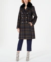 VINCE CAMUTO DOUBLE-BREASTED PLAID COAT WITH FAUX-FUR-COLLAR