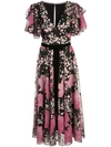 MARCHESA NOTTE EMBROIDERED FLORAL RUFFLED DRESS