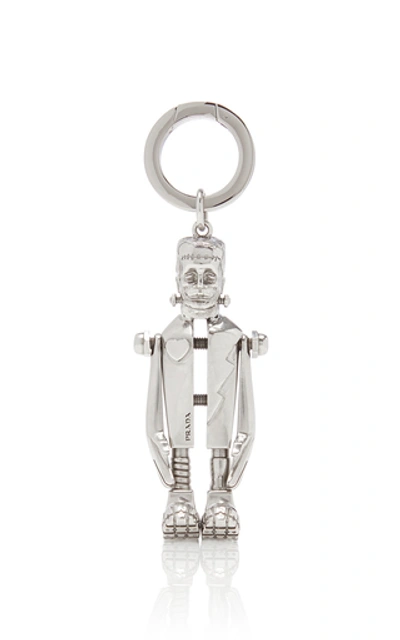 Prada Men's Metal Bolt Frankenstein Keychain In Silver