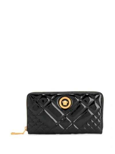 Versace Quilted Patent Leather Wallet In Black
