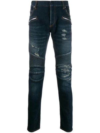 Balmain Skinny Jeans With Ribbed Inserts In Blue