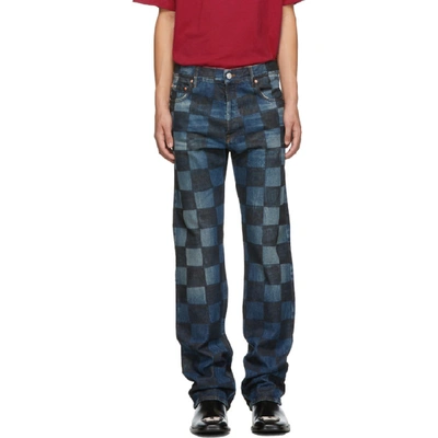 Balenciaga Crafted Checkered Cotton Denim Jeans In 2340 Dkblu