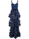 MARCHESA NOTTE MIXED-MEDIA TEXTURE TIERED GOWN
