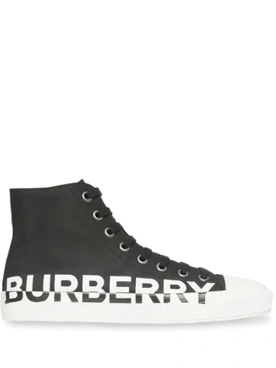 Burberry Logo Print Cotton Gabardine High-top Sneakers In Black
