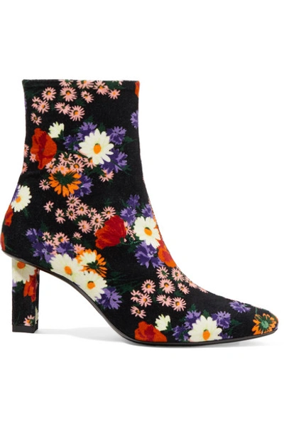 Staud Brando Floral-print Velvet Ankle Boots In Black