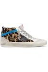 GOLDEN GOOSE MID STAR DISTRESSED LEOPARD-PRINT CALF HAIR, LEATHER AND SUEDE SNEAKERS