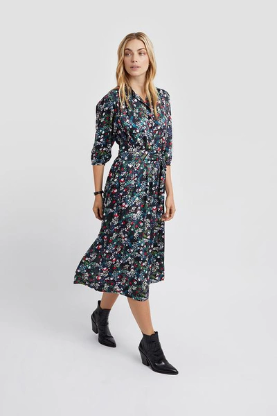 Rebecca Minkoff Quarter-sleeve Floral Midi Dress In Black Multi