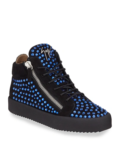 Giuseppe Zanotti Men's Crystal-embellished Suede Double-zip Sneakers In Blue