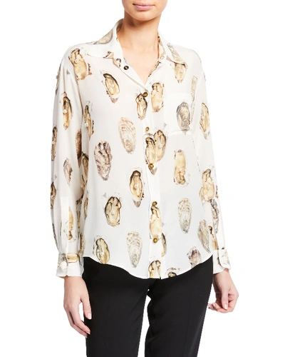 Burberry Embellished Oyster Print Silk Oversized Shirt In White