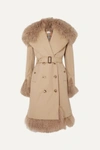 BURBERRY DOUBLE-BREASTED SHEARLING-TRIMMED COTTON-GABARDINE COAT