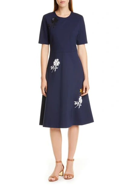 Tory Burch Sequined Embroidered Stretch-ponte Dress In Tory Navy | ModeSens