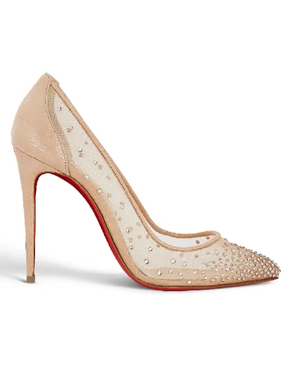 Christian Louboutin Follies 100 Crystal-embellished Mesh And Metallic Leather Pumps In Beige