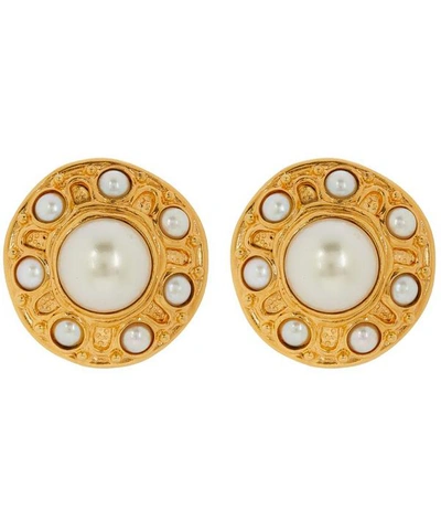 Designer Vintage 1980s Christian Dior Gilt Faux Pearl Clip-on Earrings In Gold