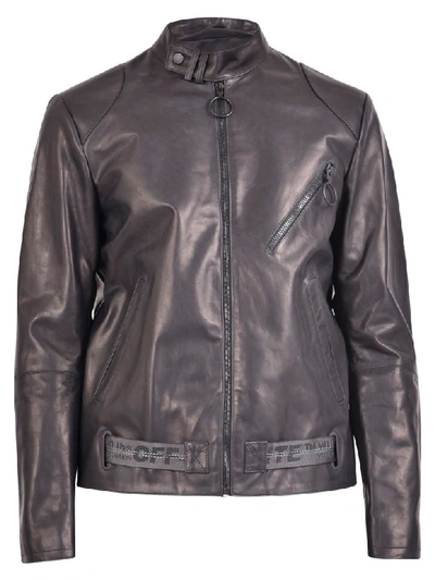 Off-white Arrow-print Leather Biker Jacket In Black Silver