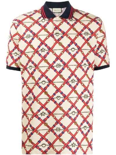 Gucci Belt Chess Print Short Sleeve Pique Polo In Neutrals