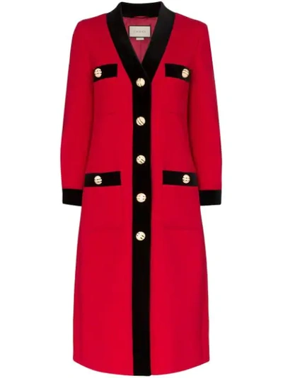 Gucci Lightweight Wool Crepe Velvet-trim Coat In Red