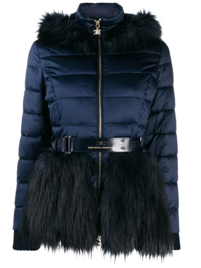 Elisabetta Franchi Faux Fur Trim Padded Jacket In Blue
