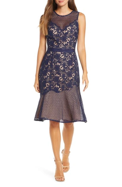 Adelyn Rae Lily Mixed Lace Dress In Navy-nude