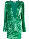 Attico Crystal-embellished Ruched Stretch-velvet Mini Dress In Green