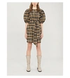 GANNI PUFFED-SLEEVE CHECKED COTTON-BLEND MINI DRESS