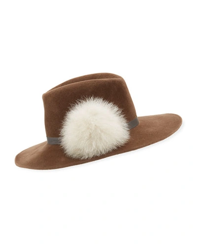 Frasconi Rabbit Felt Fedora Hat W/ Fur Pompom In Brown