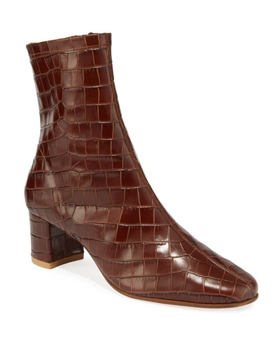 By Far Becca Glossed Croc-effect Leather Ankle Boots In Brown