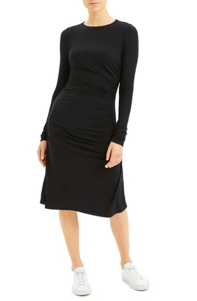 Theory Long-sleeve Ribbed Gathered Dress In Black