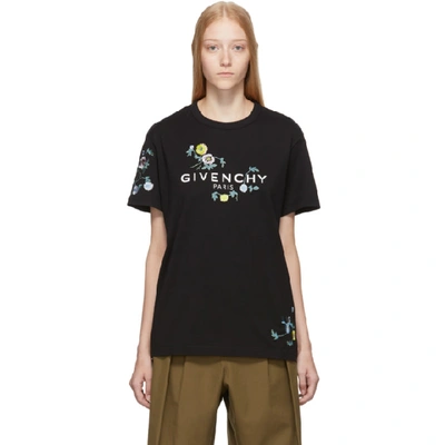 Givenchy Floral-embroidered Logo-print Cotton-jersey T-shirt In Black