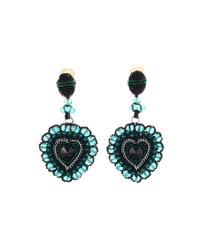 Oscar De La Renta Embellished Runway Heart Clip Earrings In Emerald