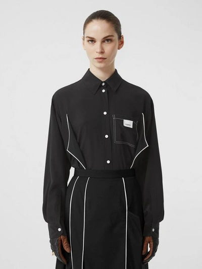 Burberry Piping Detail Silk Oversized Shirt And Tie Twinset In Black
