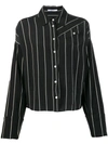 DEREK LAM 10 CROSBY LONG SLEEVE PINSTRIPPED SILK BUTTON-DOWN SHIRT WITH CONTRAST SLEEVES