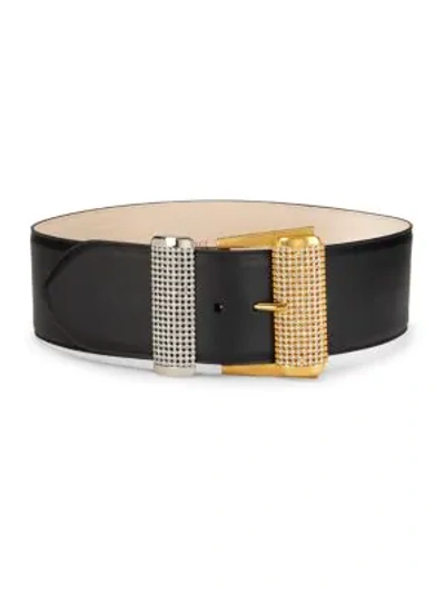 Versace Two Tone Strass Buckle Leather Belt In Nero