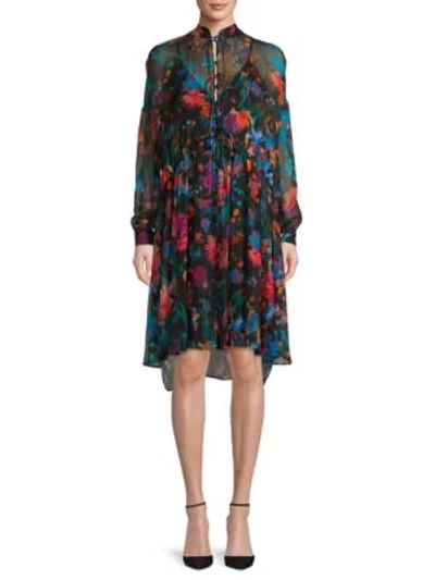 Iro Twist Floral Silk Shirtdress In Black Blue