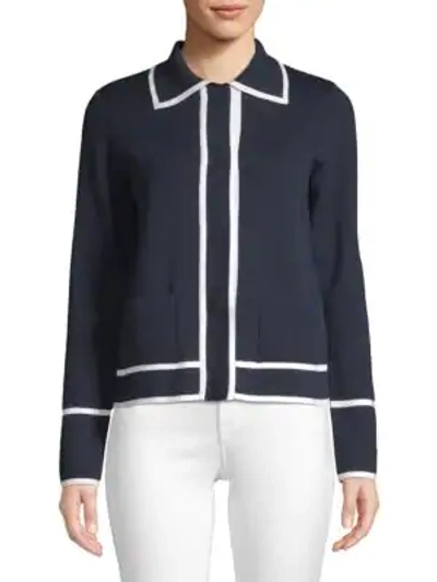 Escada Stile Tipped Wool Snap Front Cardigan In Navy