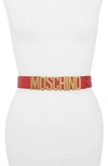 Moschino Logo Plate Leather Belt In Red W/ Bright Gold