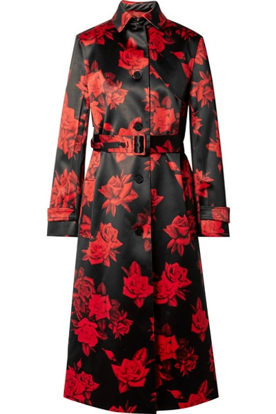 Commission Belted Floral-print Satin Trench Coat In Black