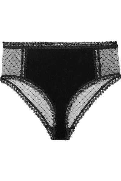Stella Mccartney Ally Indulging Lace-trimmed Velvet And Point D'esprit Briefs In Black