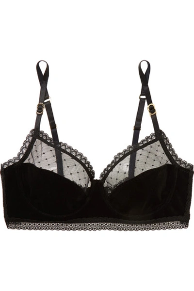 Stella Mccartney Ally Indulging Lace And Point D'esprit-trimmed Velvet Underwired Bra In Black