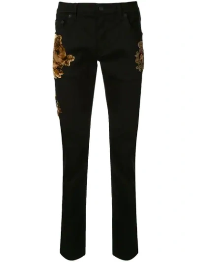 Dolce & Gabbana Floral Flock Detail Skinny Trousers In Black