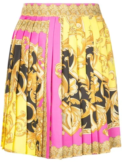 Versace Barco Print Pleated Silk Miniskirt In Fuchsia & Yellow
