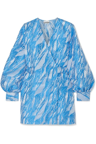 Ganni Graphic-print Jacquard Mini Wrap Dress In Blue