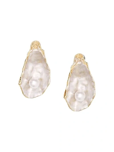 Burberry Faux Pearl Detail Gold-plated Oyster Earrings In White