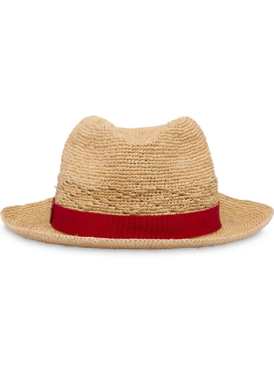 Prada Logo-plaque Woven Hat In Red