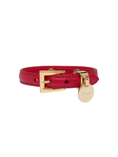 Prada Saffiano Logo Tag Bracelet In Red