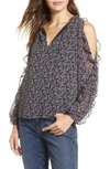 1.state Cascading Calico Ruffled Cold-shoulder Top In Rich Black Multi Print
