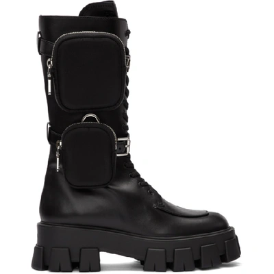 Prada Monolith Nylon Pocket-detailed Leather Combat Boots In Black