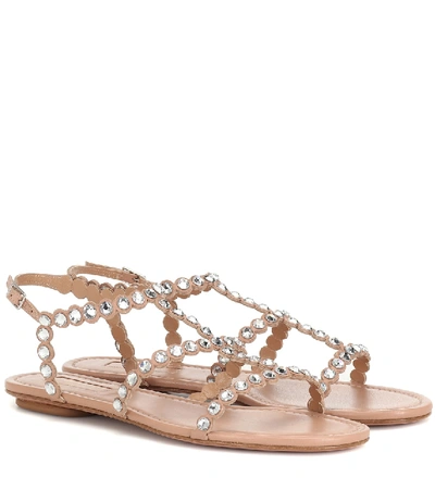 Aquazzura Tequila Crystal-embellished Metallic Leather Sandals In Beige